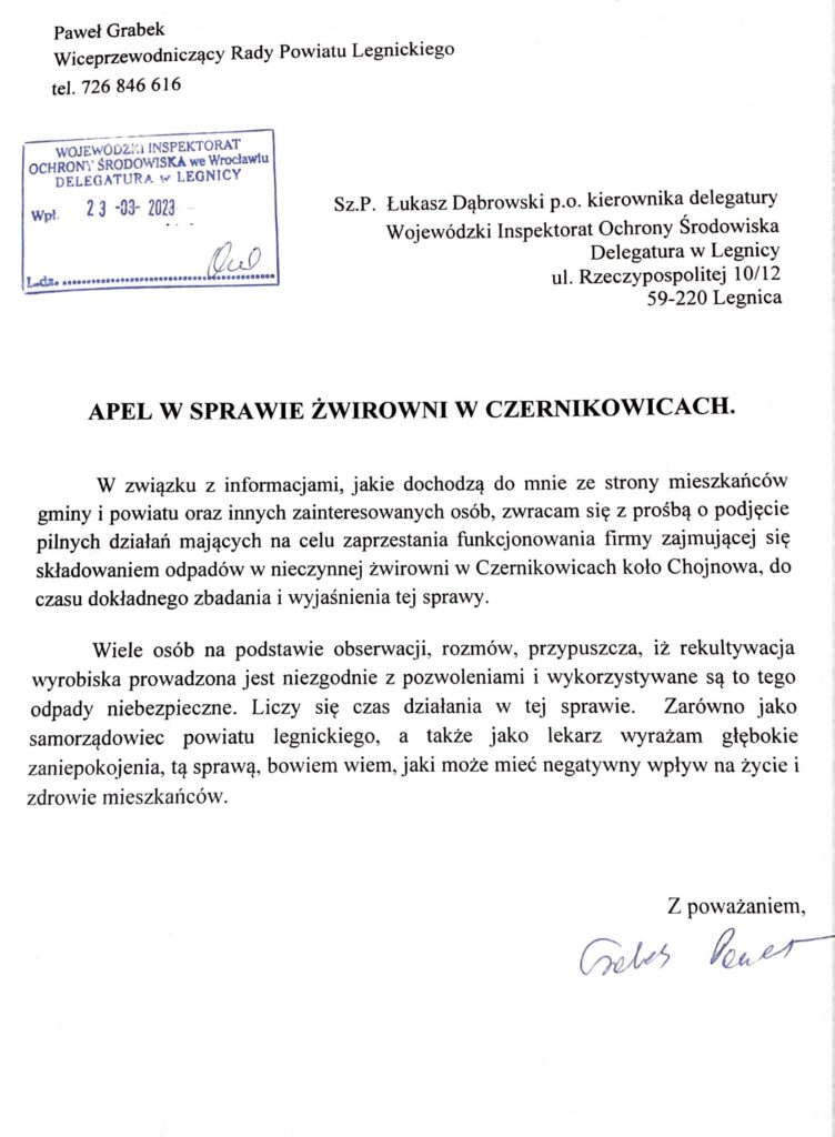 Pismo-Apel Żwirownia w Czernikowicach