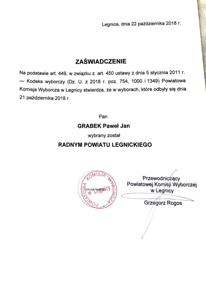 Zaświadczenie - Wybór Rady Powiatu